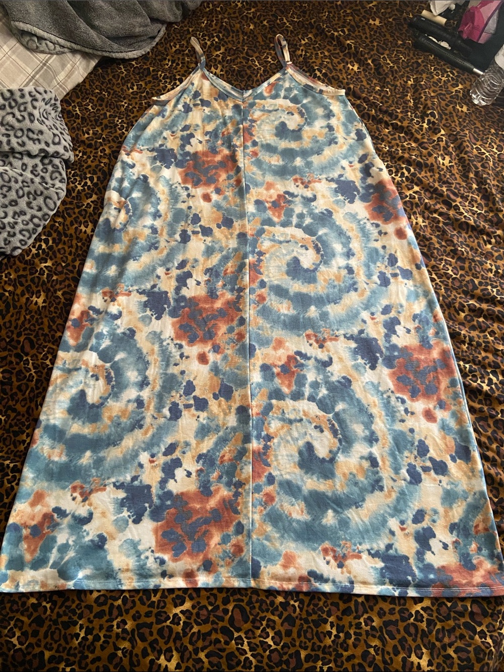 Zenana Outfitters Blue, Rust & Cream Tie-Dye Maxi Dress with Pockets